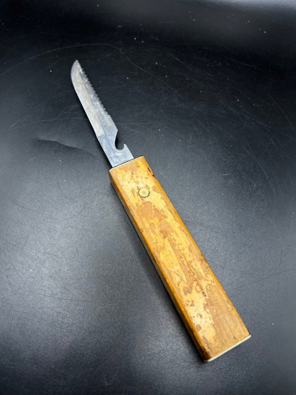 Vintage Floating Fish Knife Wooden Handle Stainless Steel Blade Aged patina Japa